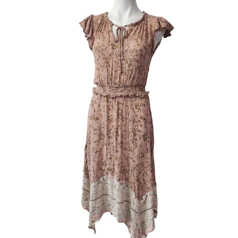 Bohemian Cottagecore Aesthetic Asymmetrical floral midi dress‎ dusty pink Small